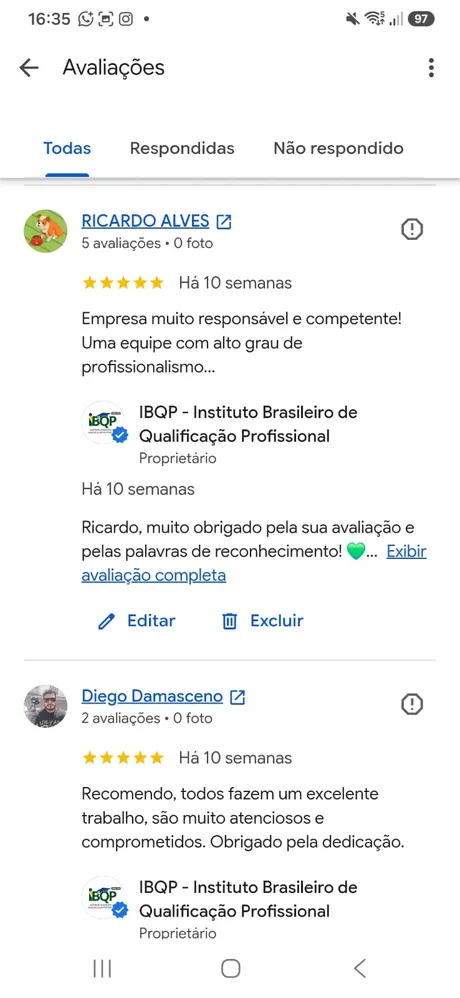 Avaliação 5 estrelas de aluno no Google